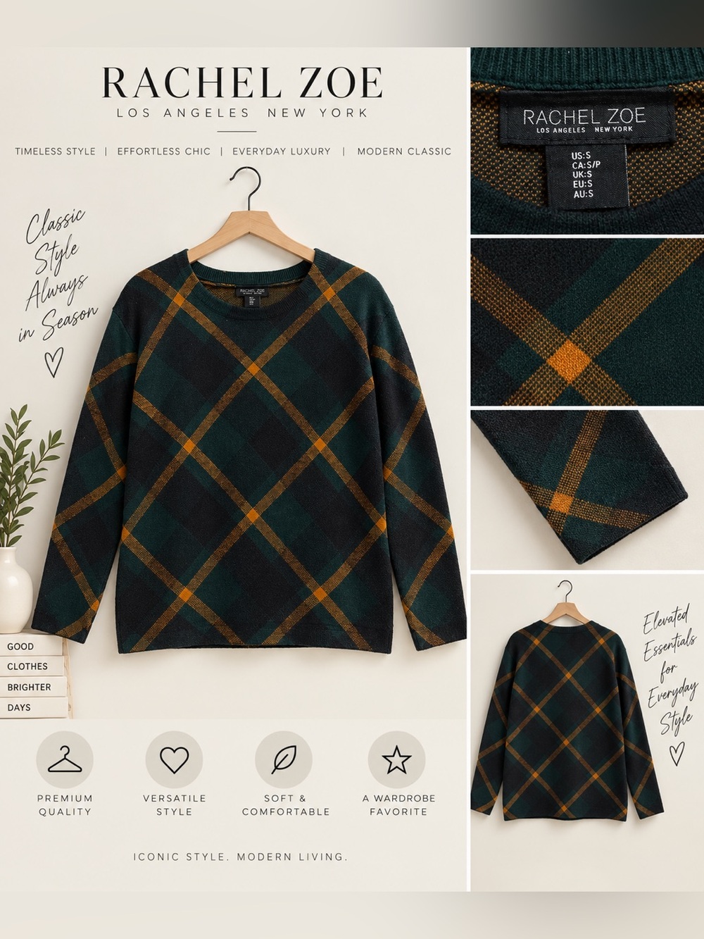 Rachel Zoe Dark Green Crewneck Sweater with Brown Plaid